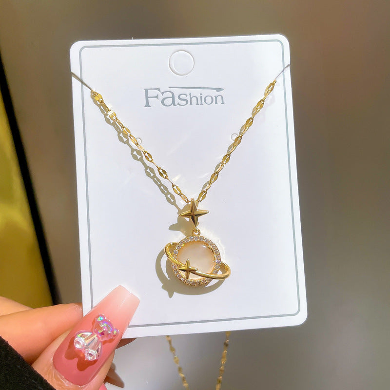 Women’s Light Luxury Opal Planet Necklace – Real Gold Micro-Inlaid Pendant Jewelry, Elegant Gift for Her
