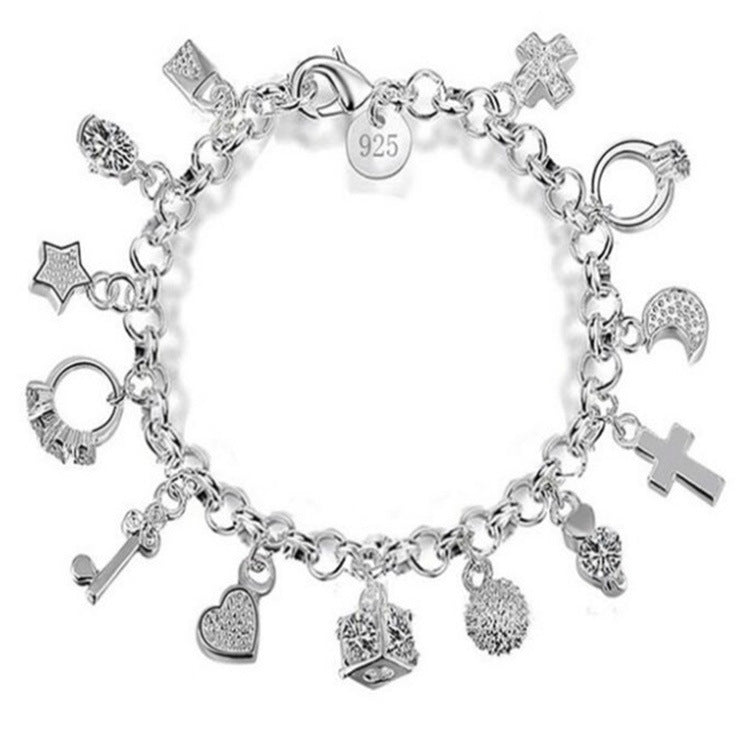 Boho Silver Plated Copper Charm Bracelet – Fashion Jewelry with 13 Unique Pendants, Trendy Multi-Element Design