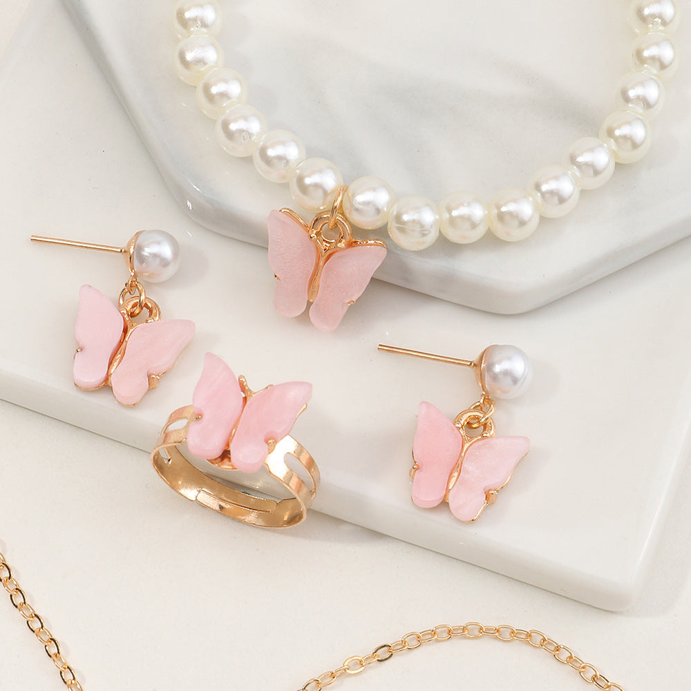 Girls’ Jewelry Gift Set – Butterfly Necklace with Pearl Bracelet, Ring & Earrings