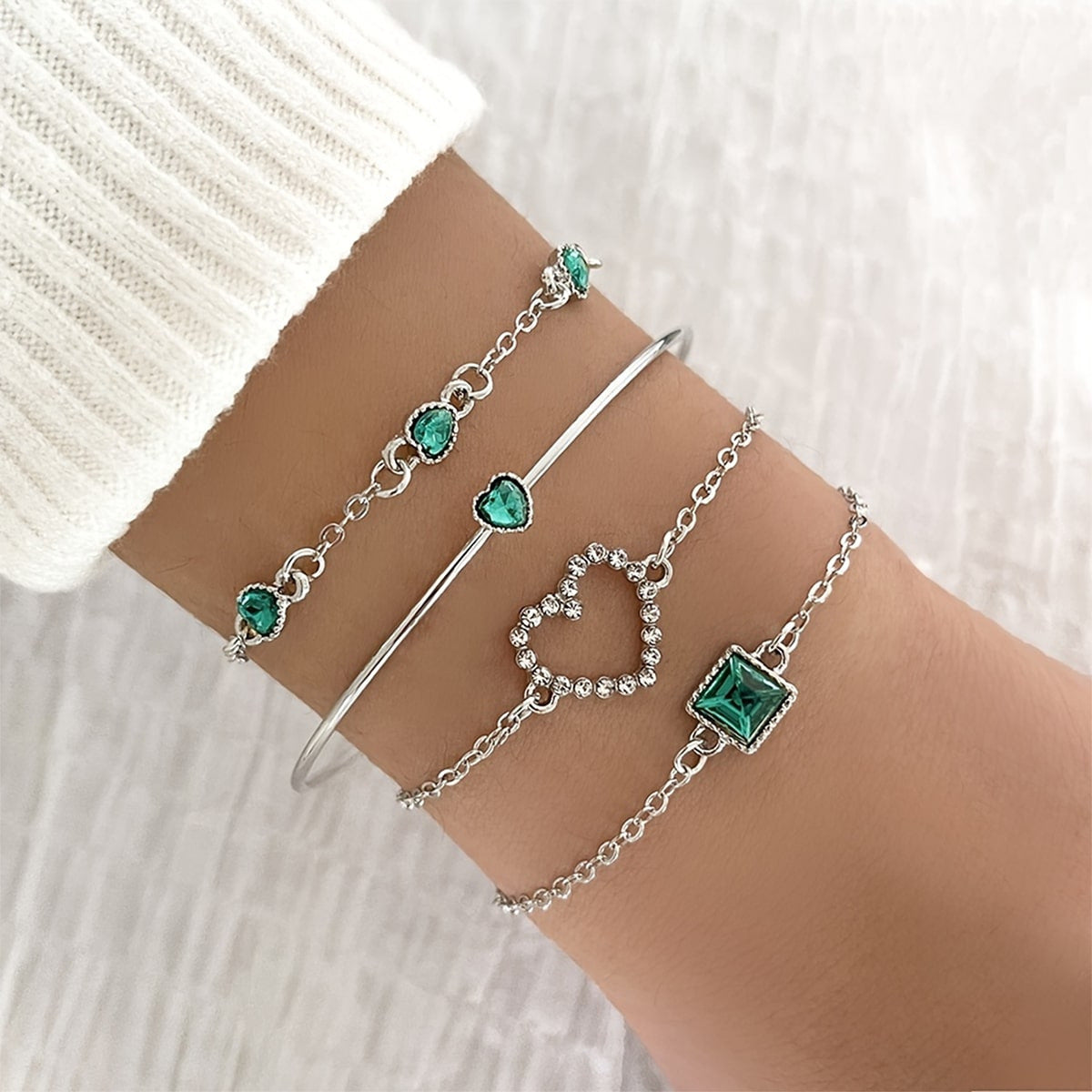 Light Luxury Square Gem Bracelet – Fully Jeweled Heart Design for Women