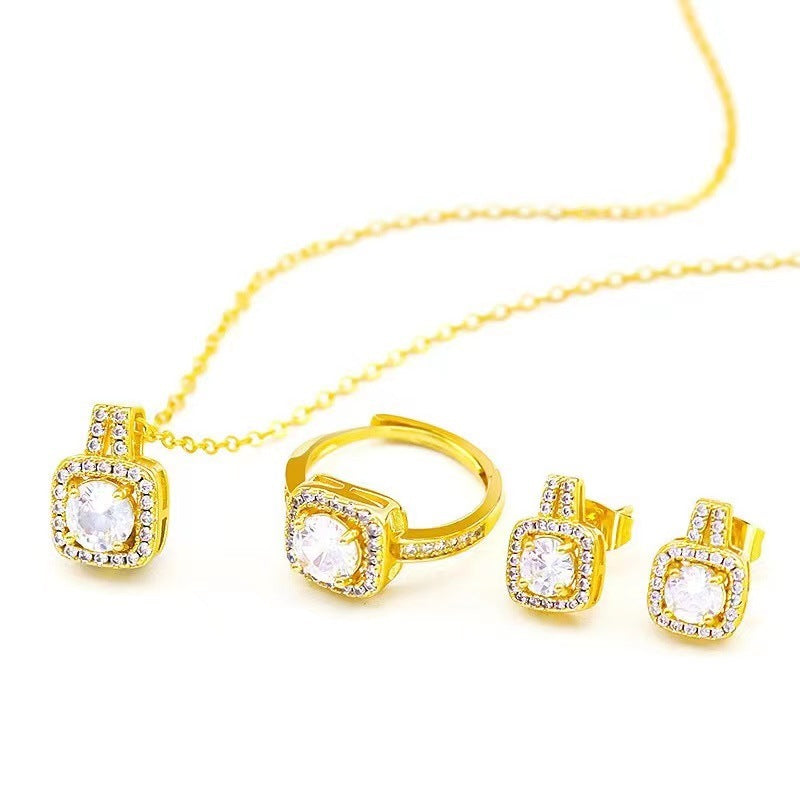 Gold Zircon Jewelry Set for Women – Pendant Necklace, Stud Earrings & Statement Ring