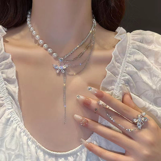 Elegant Butterfly Tassel Necklace – Pearl & Zircon Stitching, High-Grade Design