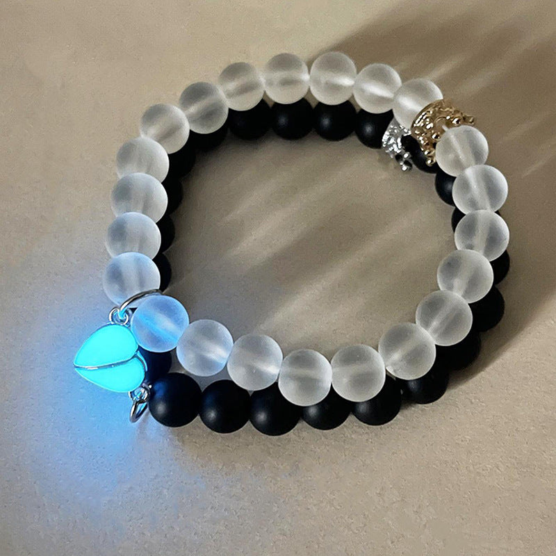2pcs Handmade Glow-in-the-Dark Couple Bracelets – Crown & Luminous Heart Beaded Charms for Men & Women | Romantic Fluorescent Jewelry Gift
