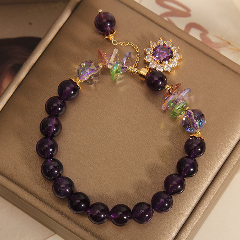 Vintage Amethyst Bracelet with Micro-Inlaid Sunflower Pendant – Elegant Retro Style for Women