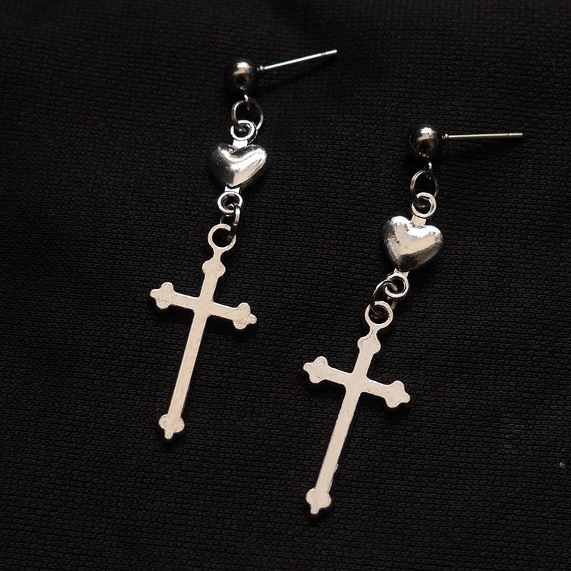 Dark Aesthetic Cross Heart Earrings – Vintage-Inspired Dangle Jewelry