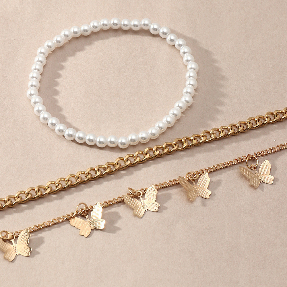 Butterfly Charm Anklet – Retro Pearl & Chain Design