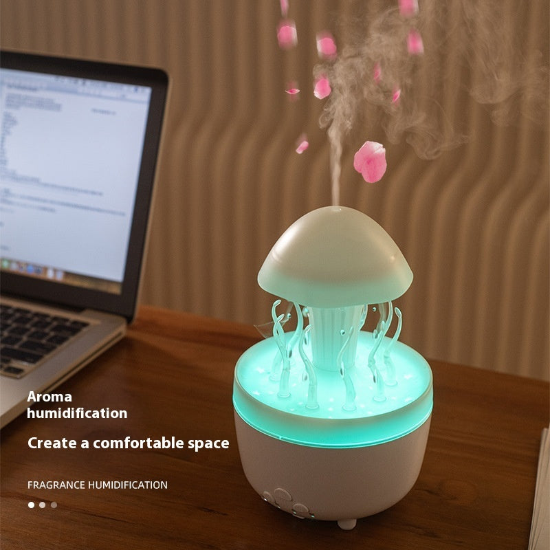 Jellyfish Raindrop Aroma Diffuser – Colorful LED Humidifier with Simulated Raindrops, Rotating Night Lamp, Aromatherapy Mist Maker for Bedroom, Living Room & Office