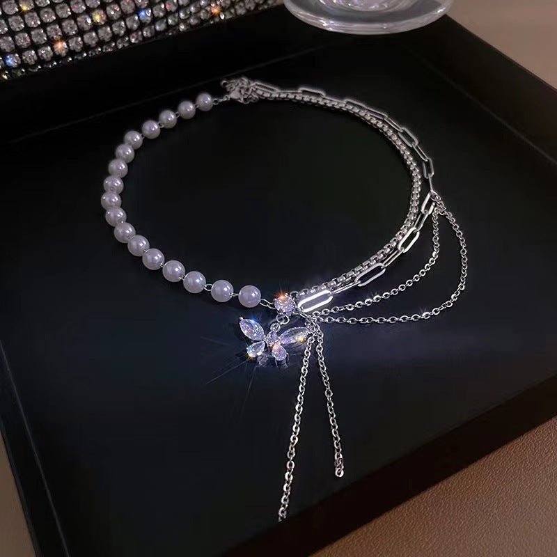 Elegant Butterfly Tassel Necklace – Pearl & Zircon Stitching, High-Grade Design