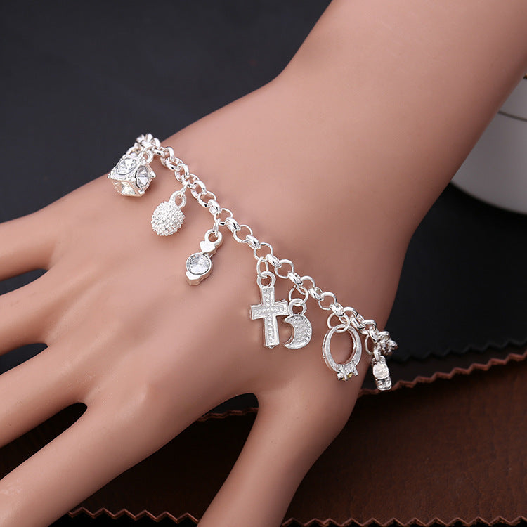 Boho Silver Plated Copper Charm Bracelet – Fashion Jewelry with 13 Unique Pendants, Trendy Multi-Element Design