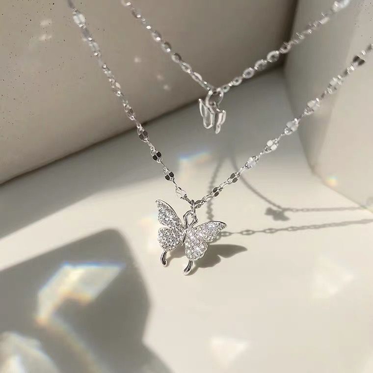 Double Layer Butterfly Sterling Silver Necklace for Women – Elegant & Dainty Design