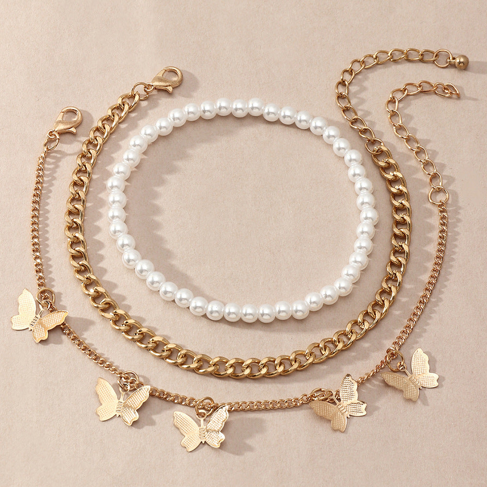 Butterfly Charm Anklet – Retro Pearl & Chain Design
