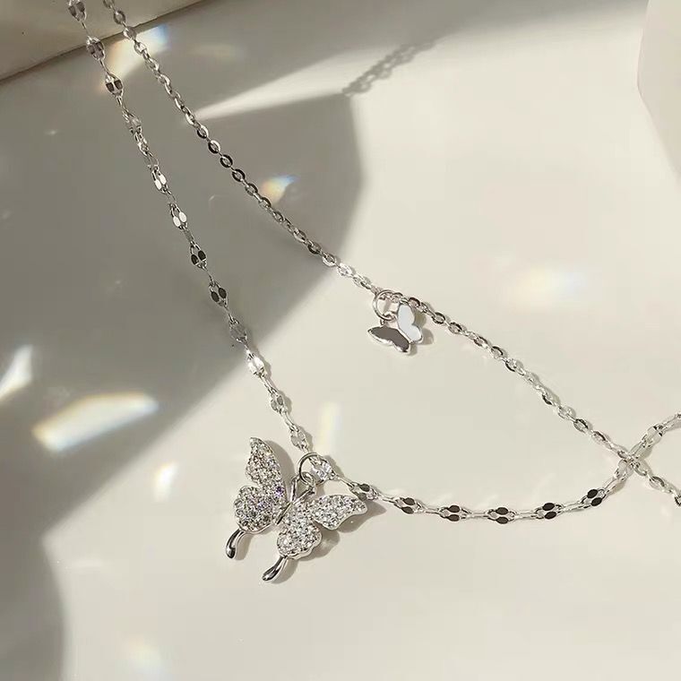 Double Layer Butterfly Sterling Silver Necklace for Women – Elegant & Dainty Design