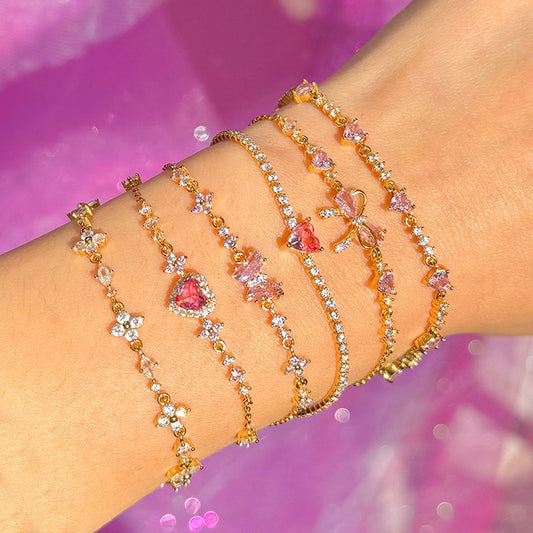 Sweet Bow Heart Rhinestone Chain Bracelet – Y2K Inspired Valentine's Day Fashion
