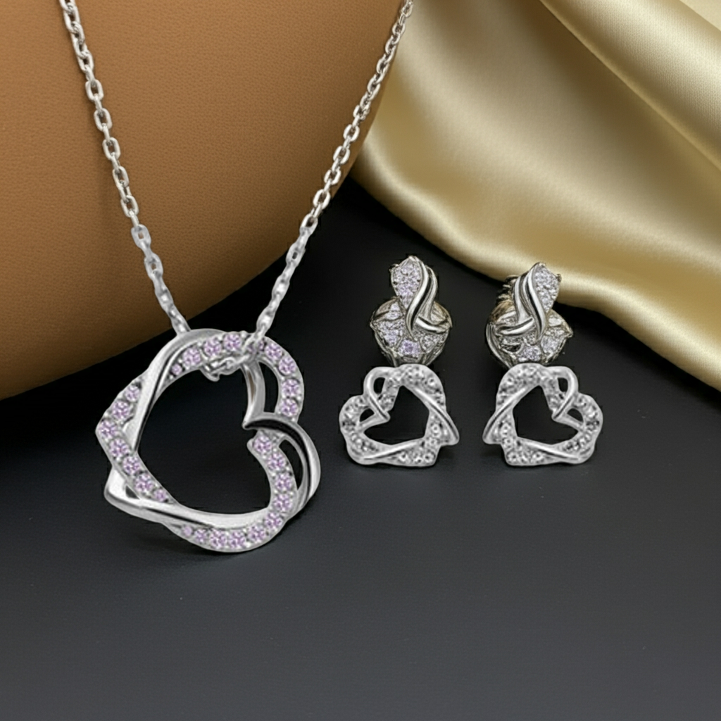 Yiwu Fashion Jewelry Factory Customized Double Diamond Heart Necklace & Earring Set