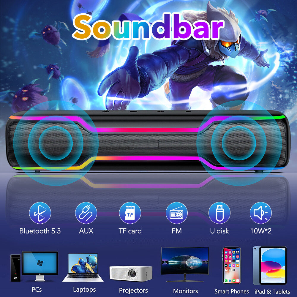 Bluetooth RGB Speaker for PC and Laptop – Wireless Soundbar with Deep Bass & Colorful LED Lights