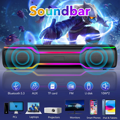 Bluetooth RGB Speaker for PC and Laptop – Wireless Soundbar with Deep Bass & Colorful LED Lights