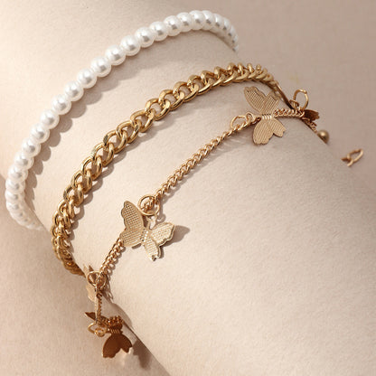Butterfly Charm Anklet – Retro Pearl & Chain Design