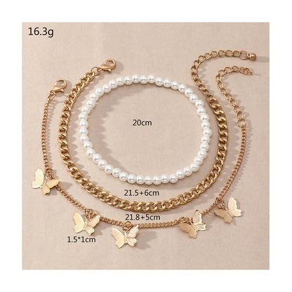 Butterfly Charm Anklet – Retro Pearl & Chain Design