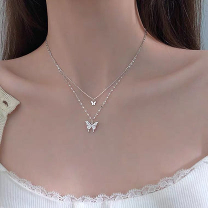 Double Layer Butterfly Sterling Silver Necklace for Women – Elegant & Dainty Design