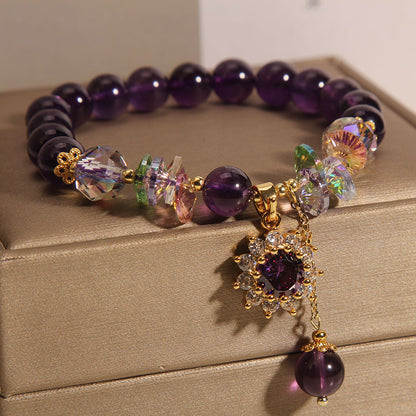 Vintage Amethyst Bracelet with Micro-Inlaid Sunflower Pendant – Elegant Retro Style for Women