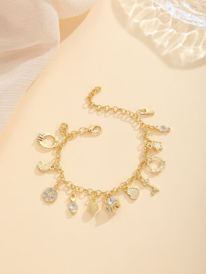 Boho Silver Plated Copper Charm Bracelet – Fashion Jewelry with 13 Unique Pendants, Trendy Multi-Element Design