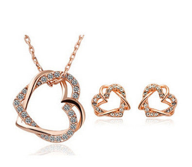 Yiwu Fashion Jewelry Factory Customized Double Diamond Heart Necklace & Earring Set