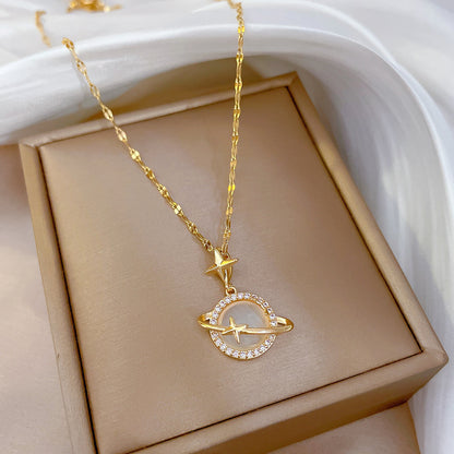 Women’s Light Luxury Opal Planet Necklace – Real Gold Micro-Inlaid Pendant Jewelry, Elegant Gift for Her