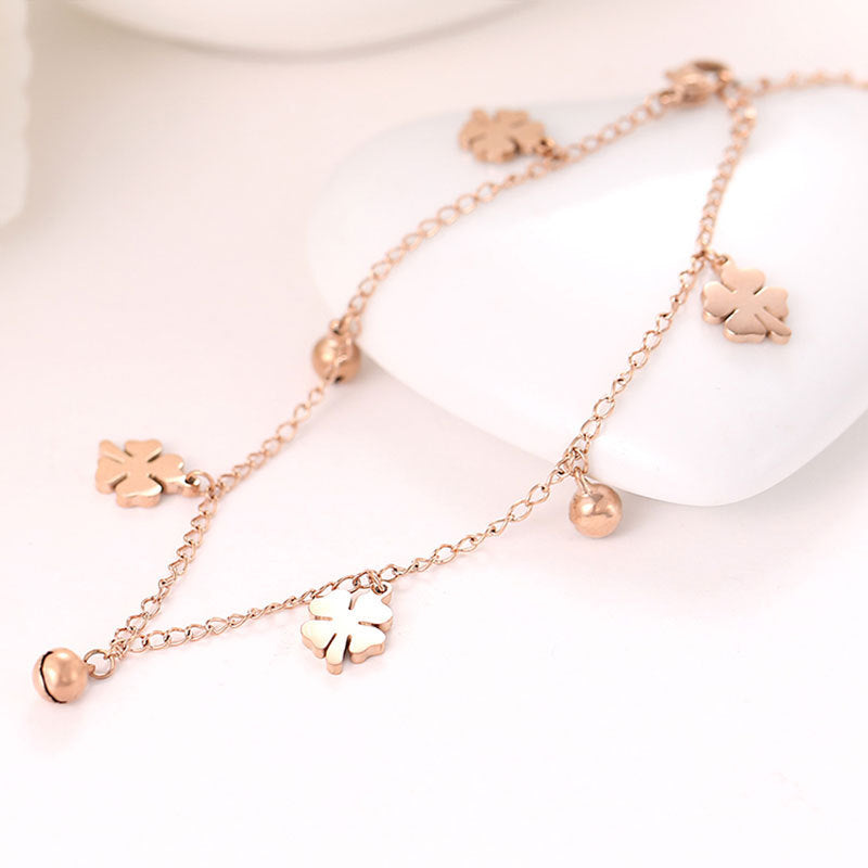 Titanium Steel Clover Bell Anklet – Vintage-Inspired Niche Design Jewelry for Women