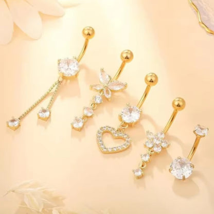 4G Stainless Steel Heart-Shaped Zircon Belly Ring with Butterfly Pendant – Women's Navel Piercing Jewelry