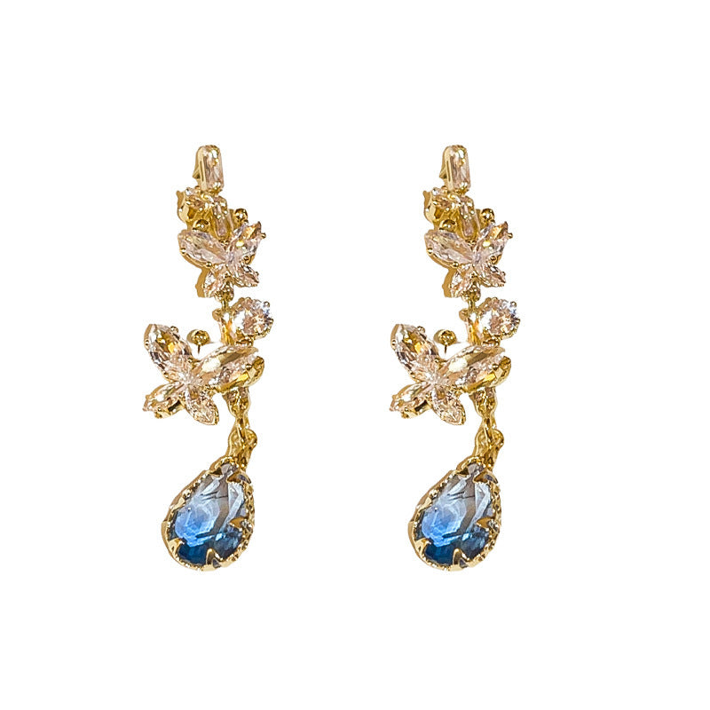Zircon Butterfly Water Drop Tassel Earrings – Elegant Silver Needle Design