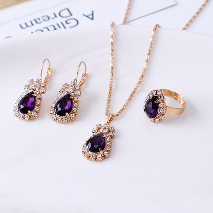 Elegant Water Drop Rhinestone Jewelry Set – Necklace, Earrings & Ring