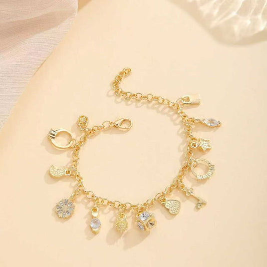 Boho Silver Plated Copper Charm Bracelet – Fashion Jewelry with 13 Unique Pendants, Trendy Multi-Element Design