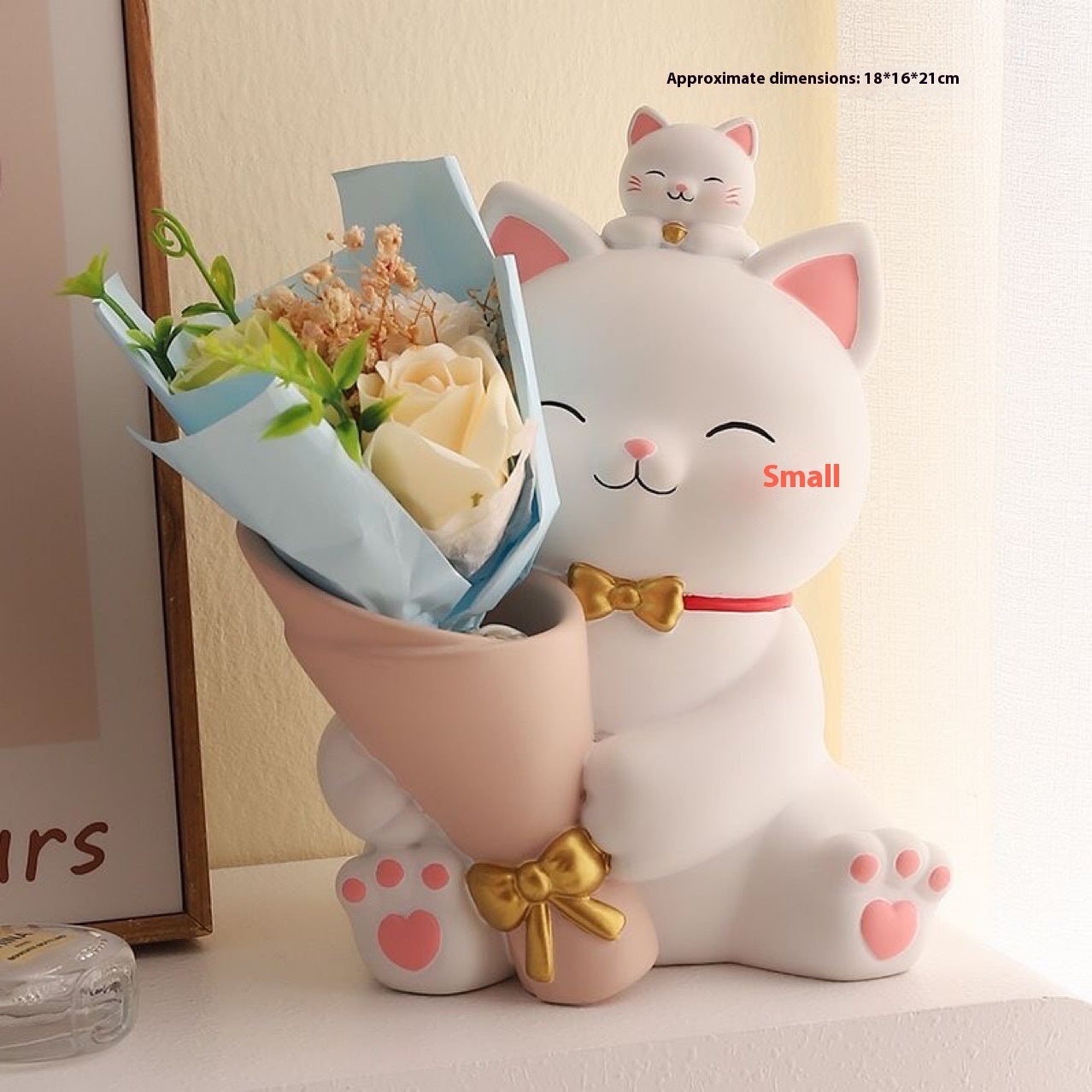 Resin Lucky Cat with Flower Bouquet – Feng Shui Home & Office Decor, Living Room & Entryway Ornament