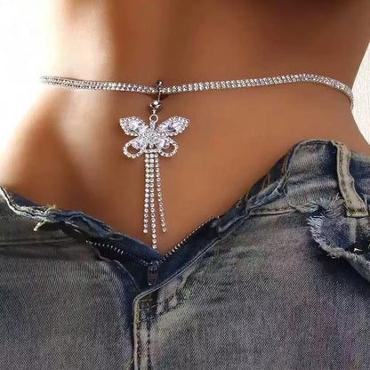 Rhinestone Tassel Belly Ring Waist Chain – Heart, Star & Butterfly Navel Piercing Body Jewelry for Women