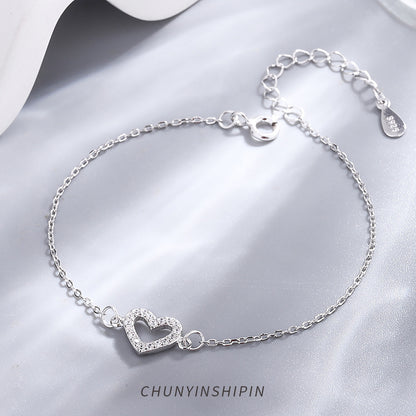 S925 Sterling Silver Diamond Love Anklet – Elegant Women’s Jewelry, Adjustable Heart Charm Foot Chain