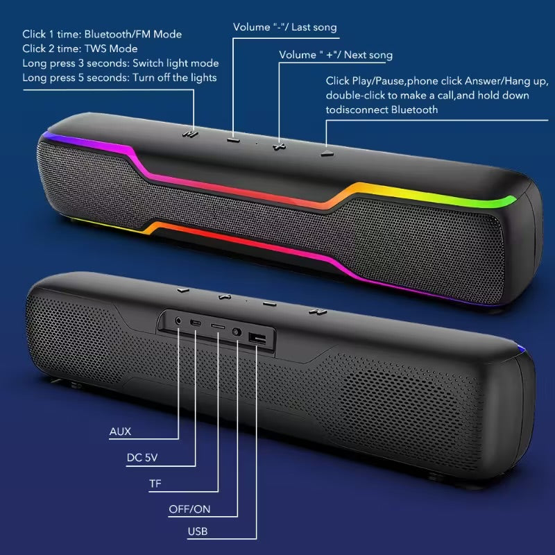 Bluetooth RGB Speaker for PC and Laptop – Wireless Soundbar with Deep Bass & Colorful LED Lights
