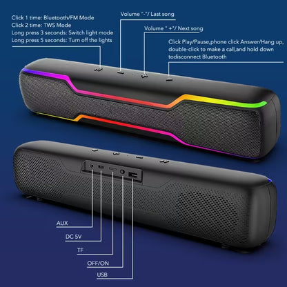 Bluetooth RGB Speaker for PC and Laptop – Wireless Soundbar with Deep Bass & Colorful LED Lights