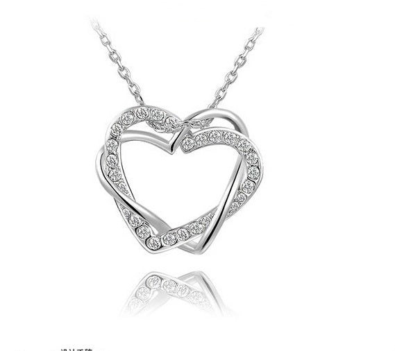 Yiwu Fashion Jewelry Factory Customized Double Diamond Heart Necklace & Earring Set