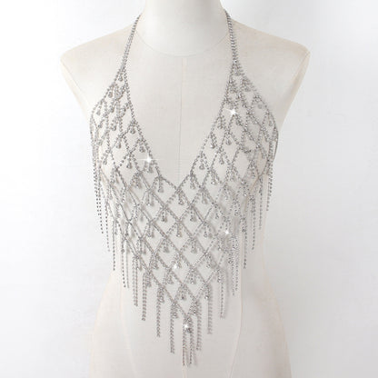 Retro Rhinestone Body Chain for Women – Glamorous Tassel Chest Necklace for Bikini, Festivals & Nightlife