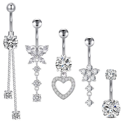 4G Stainless Steel Heart-Shaped Zircon Belly Ring with Butterfly Pendant – Women's Navel Piercing Jewelry