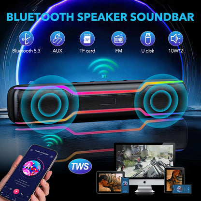 Bluetooth RGB Speaker for PC and Laptop – Wireless Soundbar with Deep Bass & Colorful LED Lights