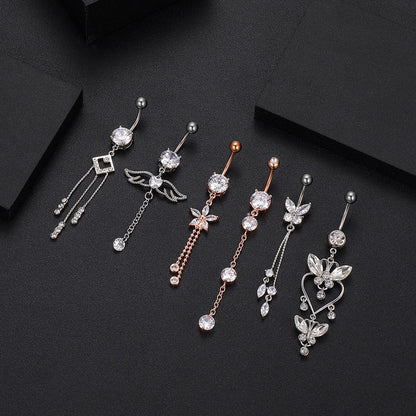 Butterfly Zircon Tassel Belly Button Ring – Trendy Stainless Steel Navel Piercing Jewelry for Women