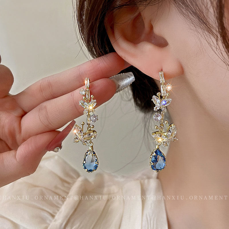 Zircon Butterfly Water Drop Tassel Earrings – Elegant Silver Needle Design