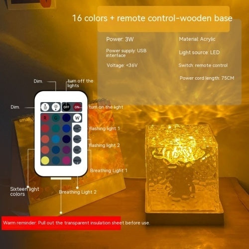 LED Water Ripple Night Light – USB Rotating Crystal Table Lamp with 16 RGB Colors for Home & Gifts