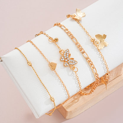 Butterfly Heart Anklet Set – 4-Piece Elegant Beaded Chain for Women