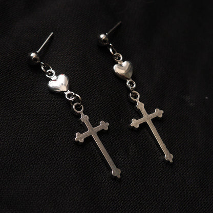 Dark Aesthetic Cross Heart Earrings – Vintage-Inspired Dangle Jewelry