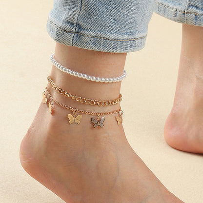 Butterfly Charm Anklet – Retro Pearl & Chain Design