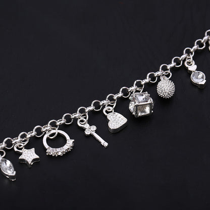 Boho Silver Plated Copper Charm Bracelet – Fashion Jewelry with 13 Unique Pendants, Trendy Multi-Element Design