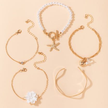 5-Piece White Flower & Starfish Pearl Bracelet Set – Summer Beach Jewelry for Women