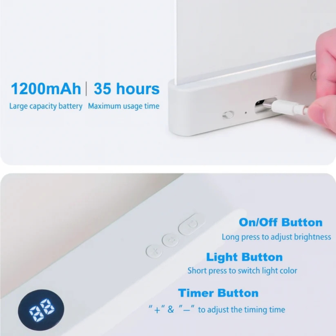 Rechargeable LED Flat Book Light – Clear Full-Page LED Reading Lamp with 3 Color Modes, Timer & Dimmable Brightness for Kids and Adults